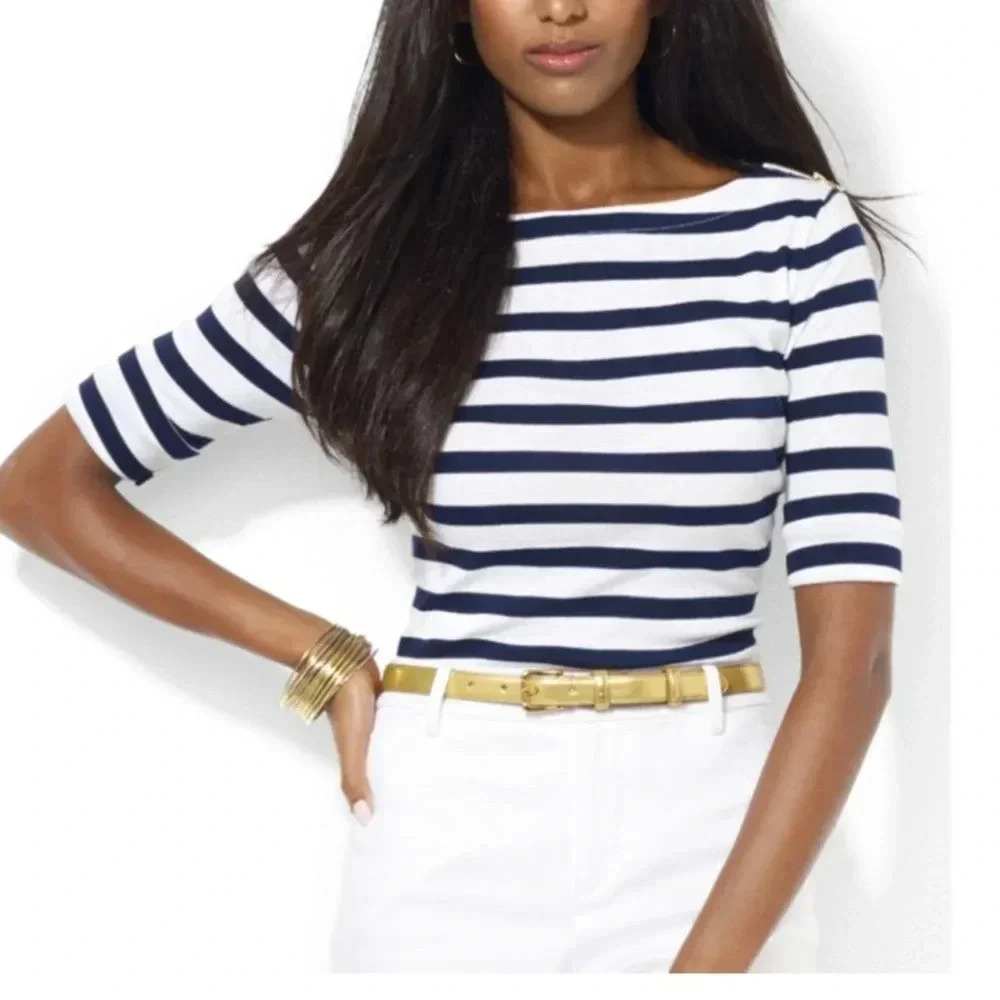 Lauren Ralph Lauren Blue Petite Striped Half Sleeve Boat Neck Top L‎
